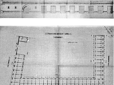 Di questo stabilimento sono sopravvissuti alcuni progetti del 1928 che ci danno l�idea dell�ampiezza e particolarit� della struttura. Un edificio a un piano a ferro di cavallo con una serie continua di locali. Sul prospetto possiamo anche scorgere la continua merlatura neomedievale...